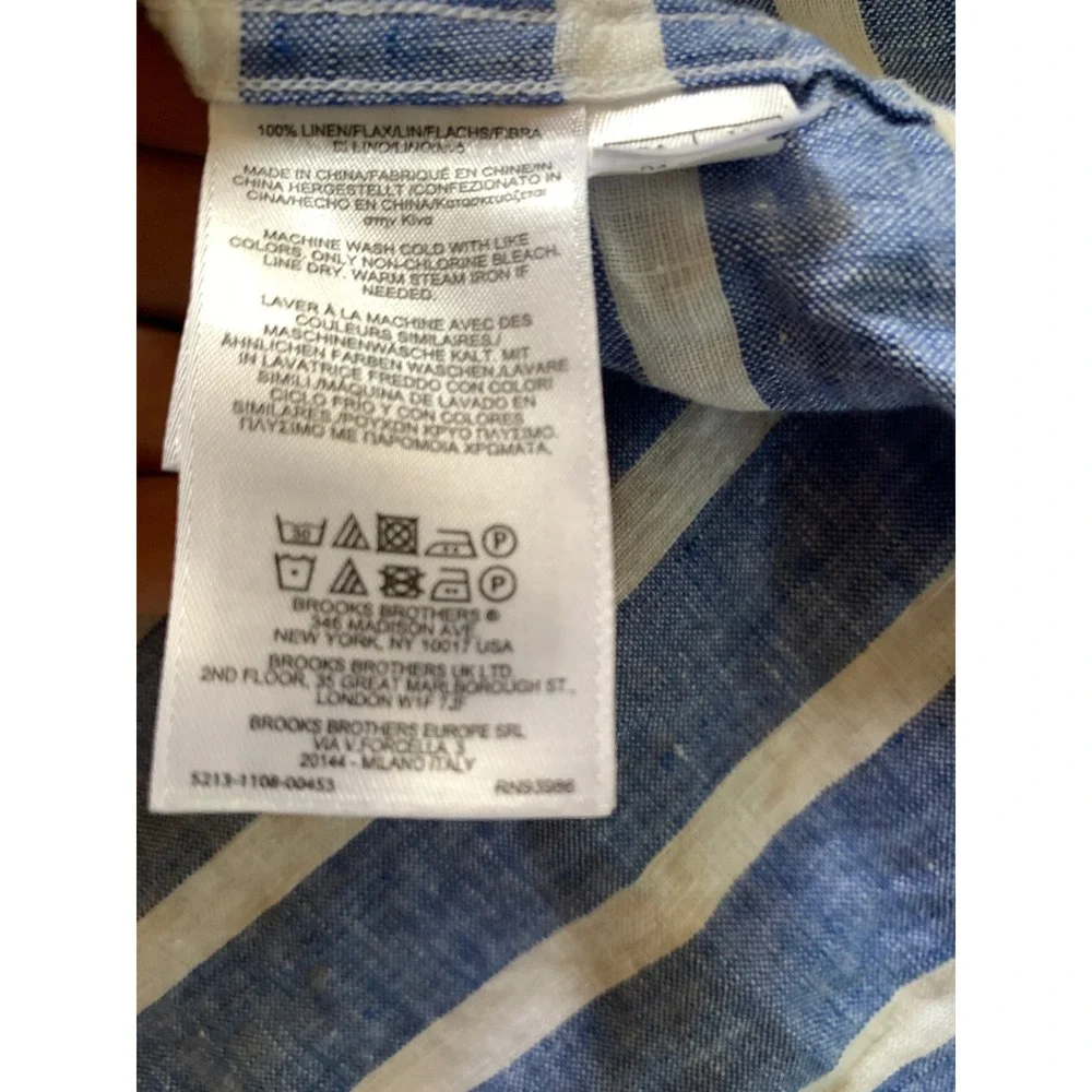 Brooks Brothers Regent Blue White Striped 100% Linen Popover Polo Shirt Mens M - Picture 6 of 6